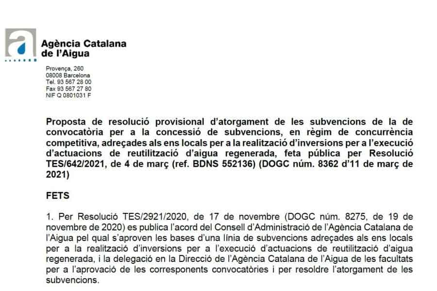 Propuesta de Resolución de la Agencia Catalana del Agua: proyectos de reutilización